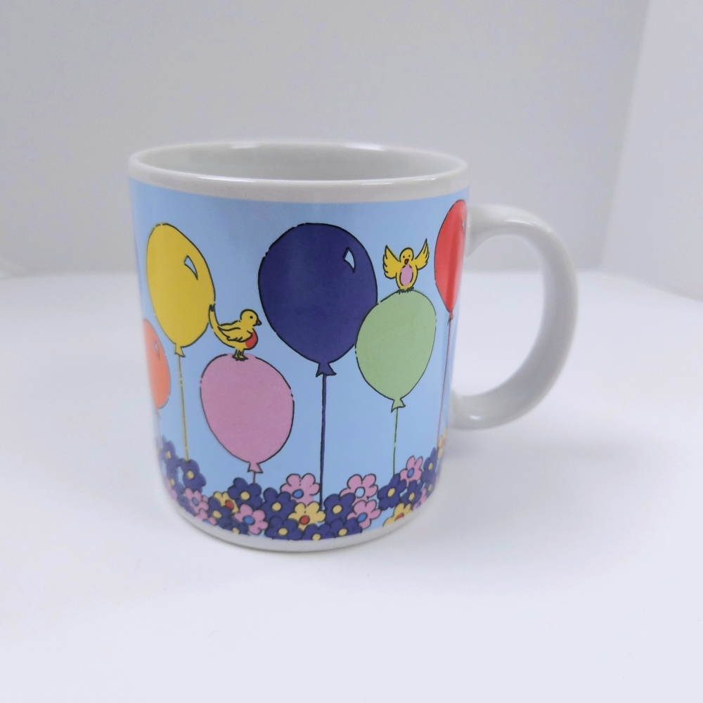 Russ Berrie Vintage Happy Birthday Mug Balloons Flowers Birds 14oz Cup Ceramic - Picture 2 of 10